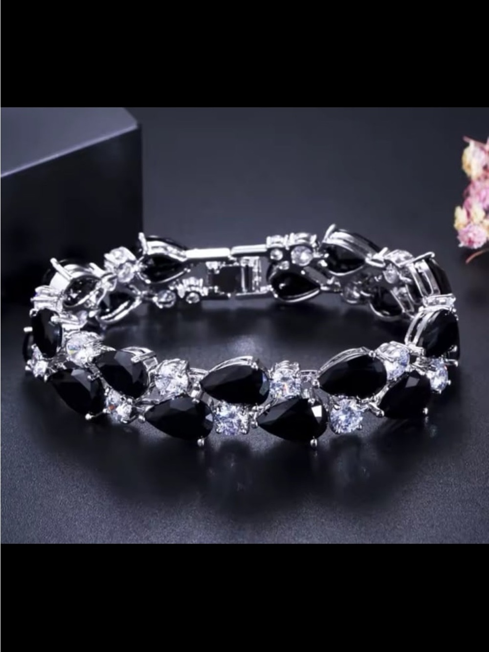 White and black tear drop crystals AAA zirconia rhodium plated bracelet